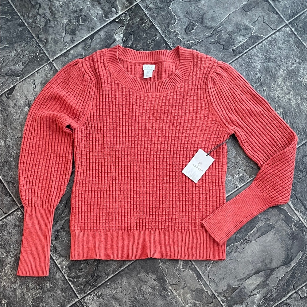⭐️NWT ASPEN Coral Checkered Knit Puff Shoulders Coastal Long Cuffs Indie Sweater